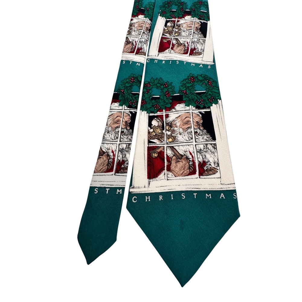 Saturday Evening Post Santa‎ Claus Christmas Silk Tie Green Wreath Holly